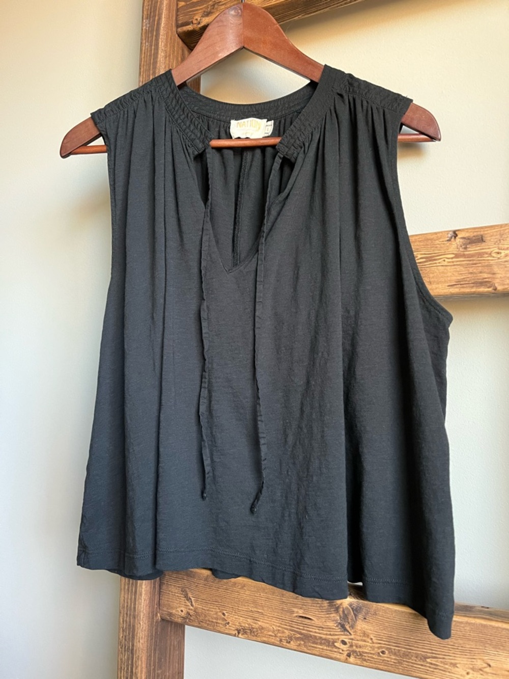 🖤 Nation Los Angeles Via Tie-Front Tank – Black – Size L: 100% Pima Cotton